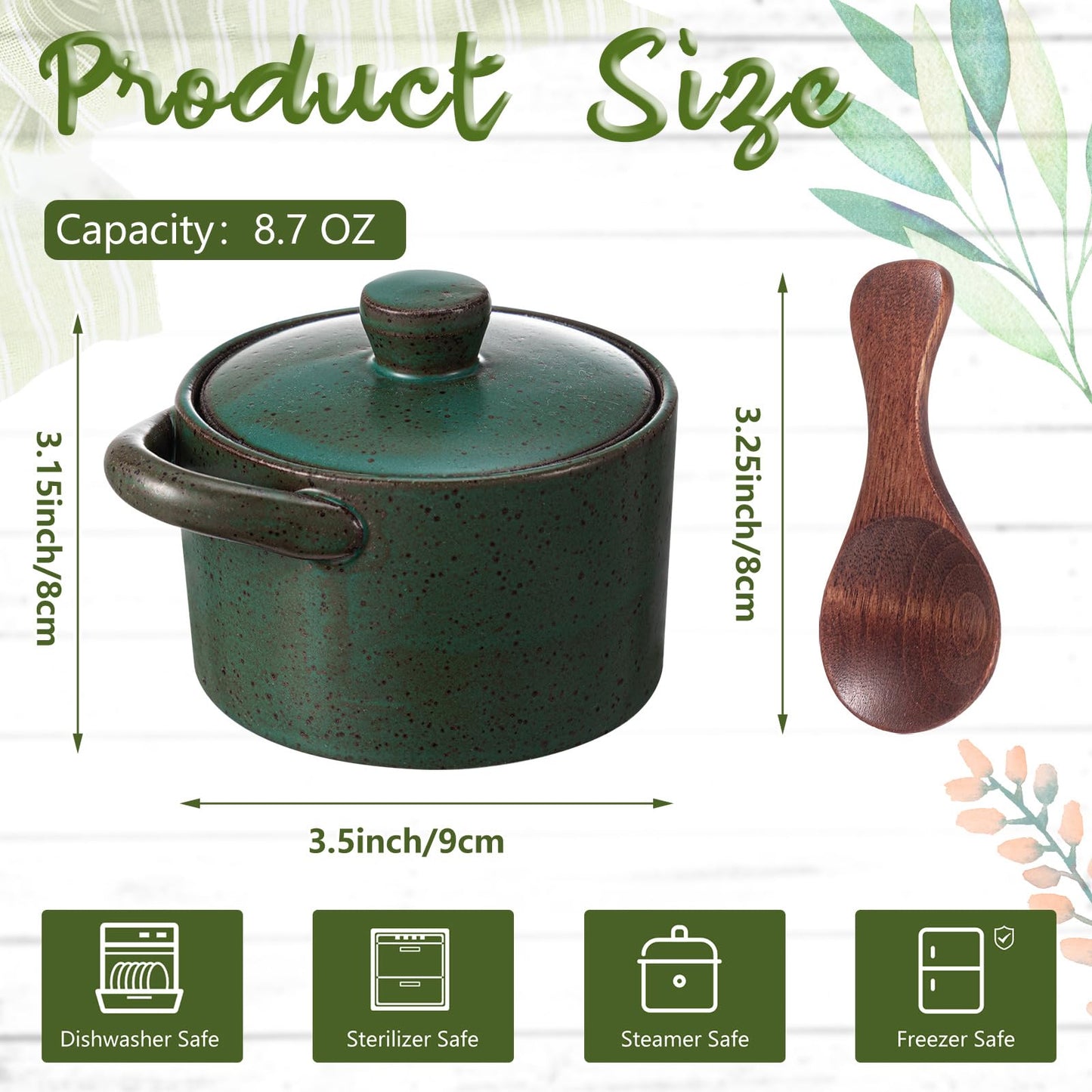 Honeydak Speckled Ceramic Salt Cellar with Lid and Wooden Spoon, Rustic Farmhouse Salt Pepper Cellar Holder for Mothers Day, Housewarming Gift, Heavyweight Spices Jar(Green,1 Set)