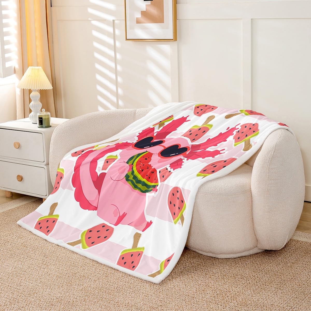 Feelyou Cute Axolotl Sherpa Blanket - Cartoon Watermelon Salamander Fleece Throw - Kawaii Ocean Sealife Plush Gift for Girls Women - Fuzzy for Sofa Bed Couch, 40x50 Inches