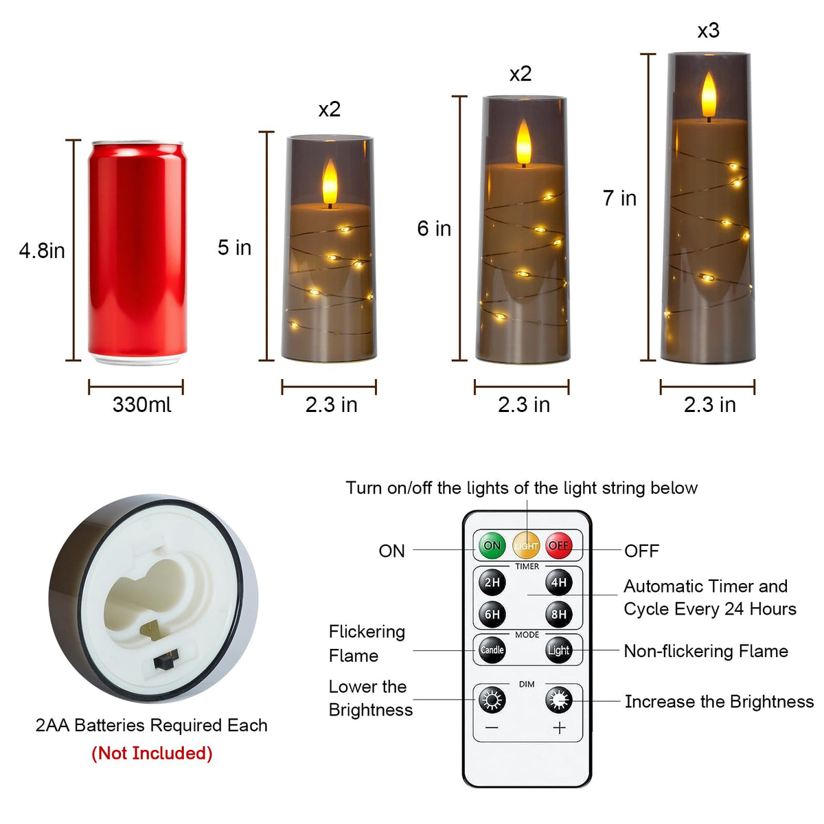 Raycare Flameless Candle with Remote Timer, 7 Flickering Acrylic Battery Operated LED Pillar Candles with Embedded Star String for Christmas, Home Decor, and as a Gift(Grey)
