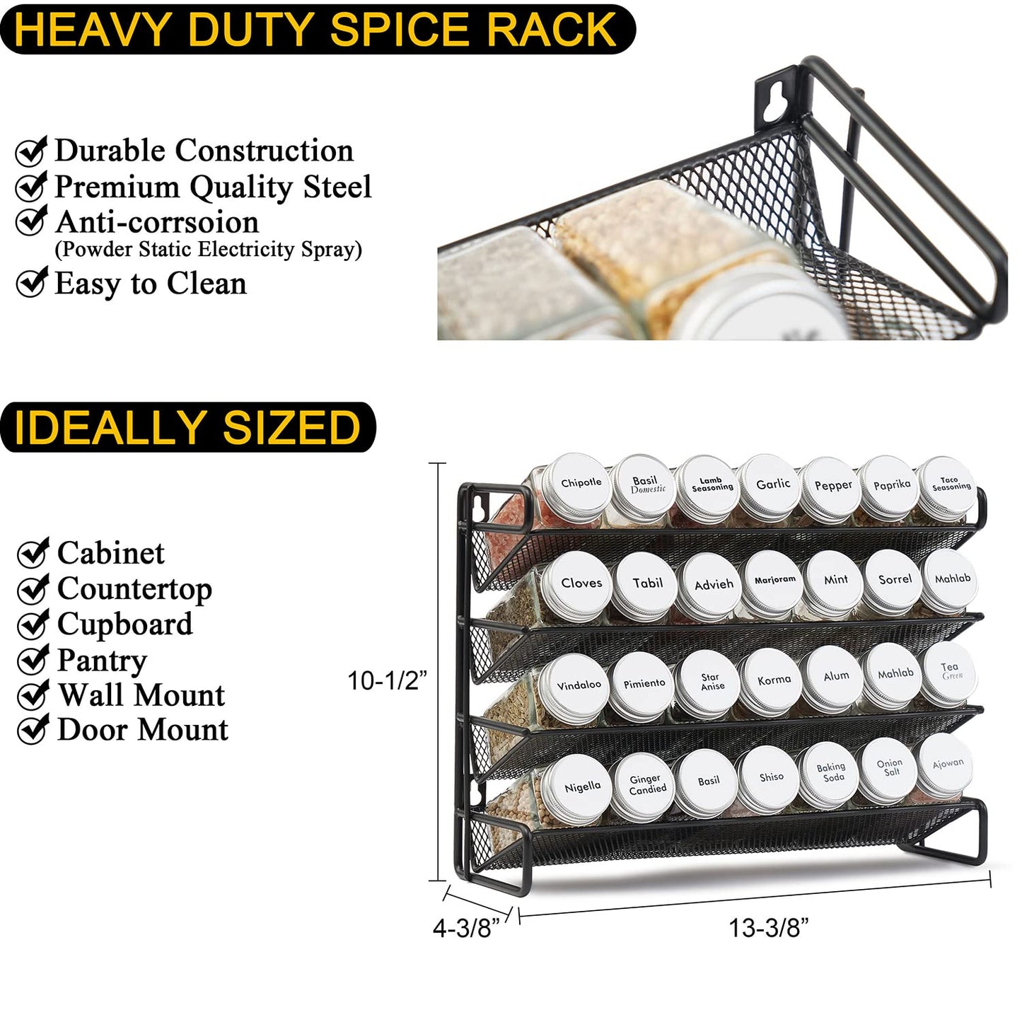 SpaceAid Spice Rack Organizer with 28 Spice Jars, 386 Spice Labels, Chalk Marker and Funnel Set for Cabinet, Countertop, Pantry, Cupboard or Door & Wall Mount - 28 Jars, 13.4" W × 10.8" H, Black