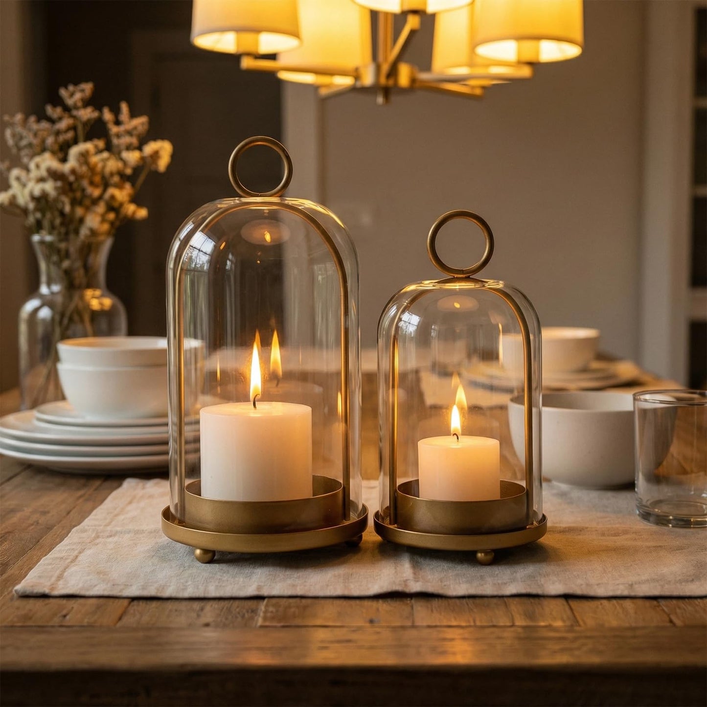GYKLE Set of 2 Candle Lantern Set - Vintage Brass Candle Holders with Thick Glass Domes (5.25"x10" & 4.5"x7.87"), Perfect for Pillar Candles, Floral Arrangements, and Vintage Home Accents