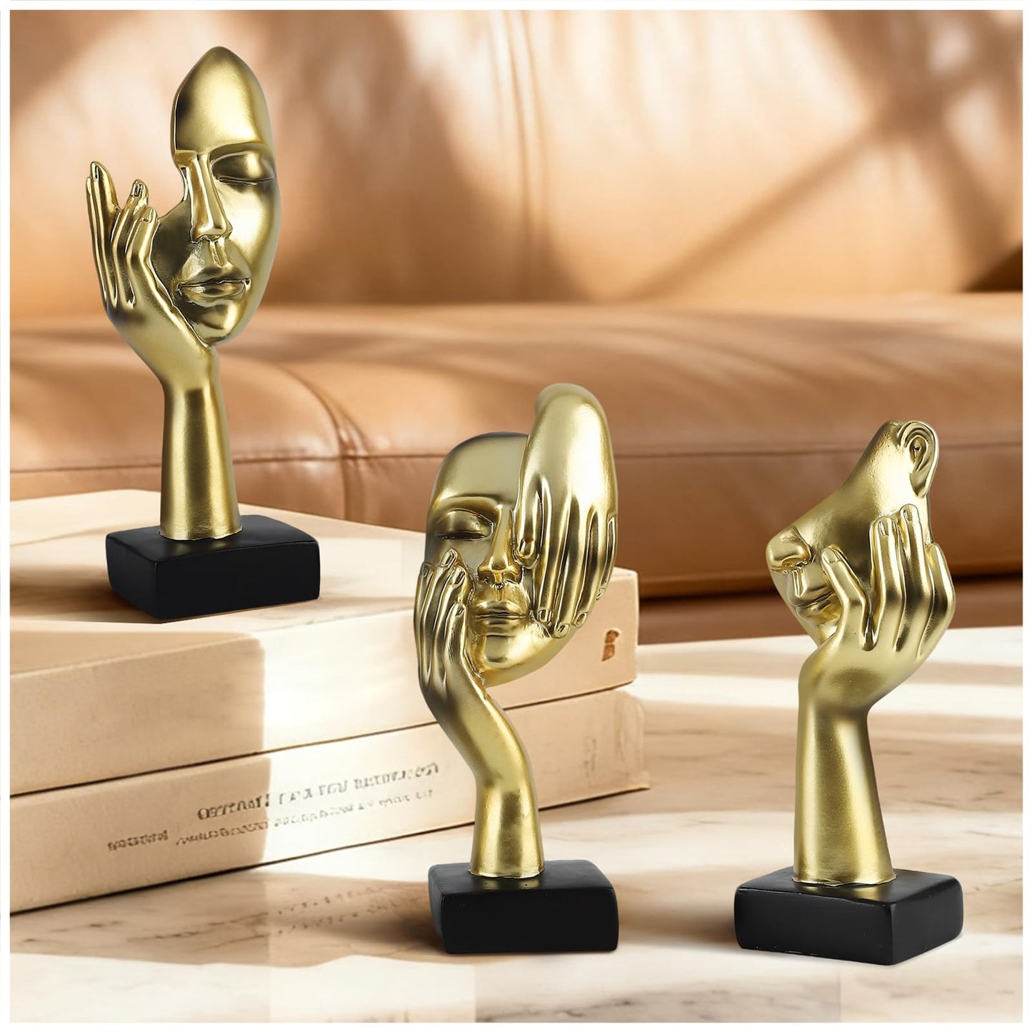 Modern Living Room Decoration - Gold Abstract Sculpture Decor For Shelves, Thinker Statues Set Of 3, Resin Face Knick Knacks Home Decor For Office Bookshelf, Shelf Side, Table, Gift For Friends