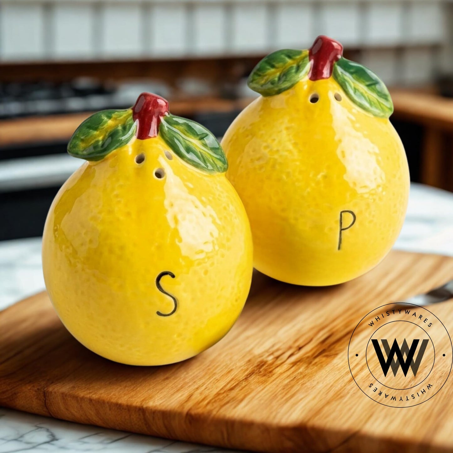 Whistywares Lemon Salt and Pepper Shakers Set - Colorful Ceramic Design - 200ml, 105g - Non-Fading, Dishwasher Safe, Easy Refill - Stable Base - Citrus Kitchen Essential, Home Decoration