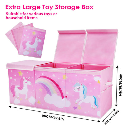 decalsweet Unicorn Extra Large Toy Box Chest with Flip Lid for Kids, Collapsible Oxford Toy Storage Box with Handles Mesh Pockets, Sturdy Waterproof Toy Box for Bedroom Playroom, 37.7×12.5×15.7 Inch