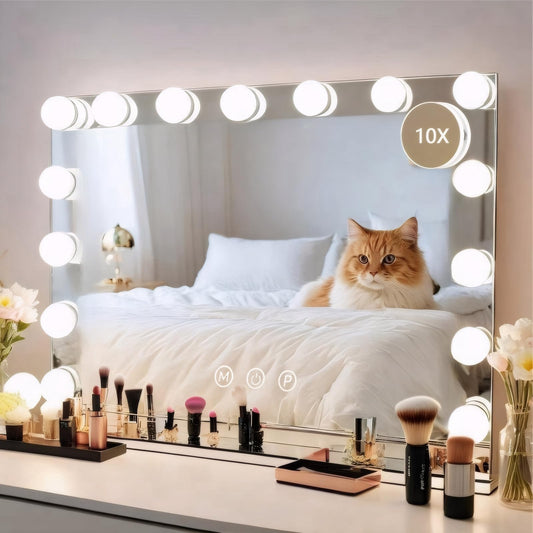 22.8" x 18.2" Wall-Mounted Mirror Vanity Mirror with Lights White Makeup Mirror Hollywood Mirror with 15 Dimmable LED Bulbs 3 Color Modes 10X Magnification & USB Charging Port