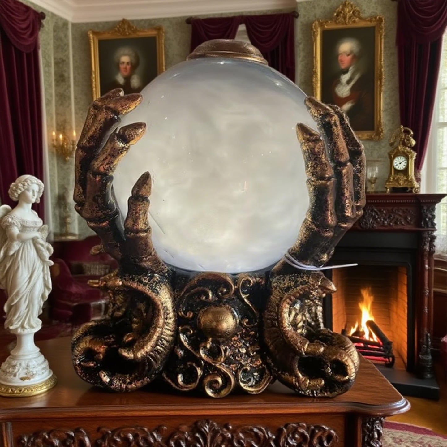 LED Lighted Animated Decor Halloween Crystal Ball with Fog,Skeleton Hand Holder Mystic Psychic Centerpiece Haunted House Gothic Decor for Home Party