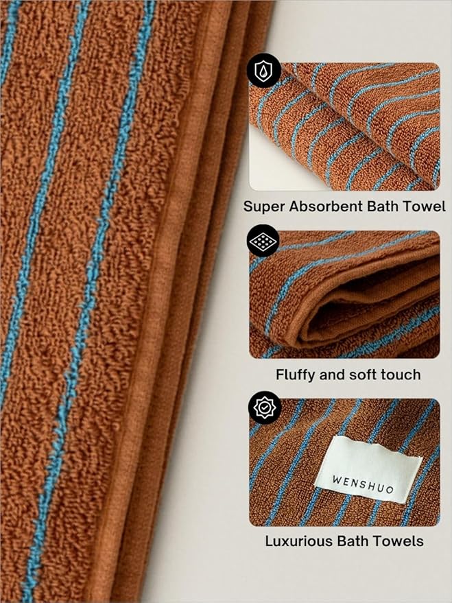 WENSHUO Fluffy Caramel-Striped Pure Cotton Bath Towel, 100% Combed Cotton