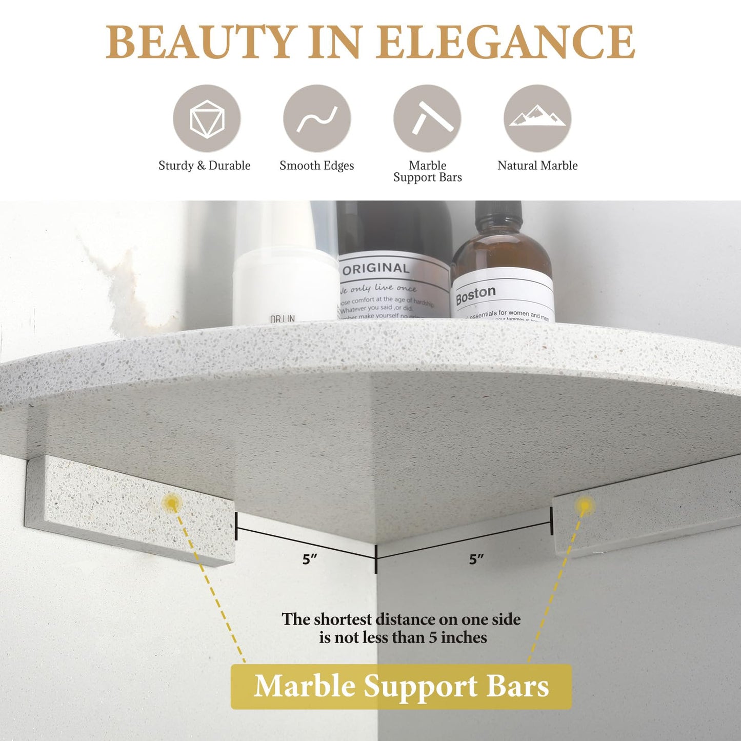 Koville Natural Marble Corner Shower Shelf for Bathroom, 10'' Polished Marble Corner Shelves, Wall Mounted Stone Corner Shower Caddy, No Drilling Adhesive Shelf - White Cliff (No Glue Included)
