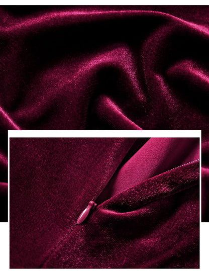 Bbonlinedress Velvet Vintage Cocktail Tea Formal Wedding Guest Midi Prom Long Sleeve Christmas Dress Burgundy 3XL