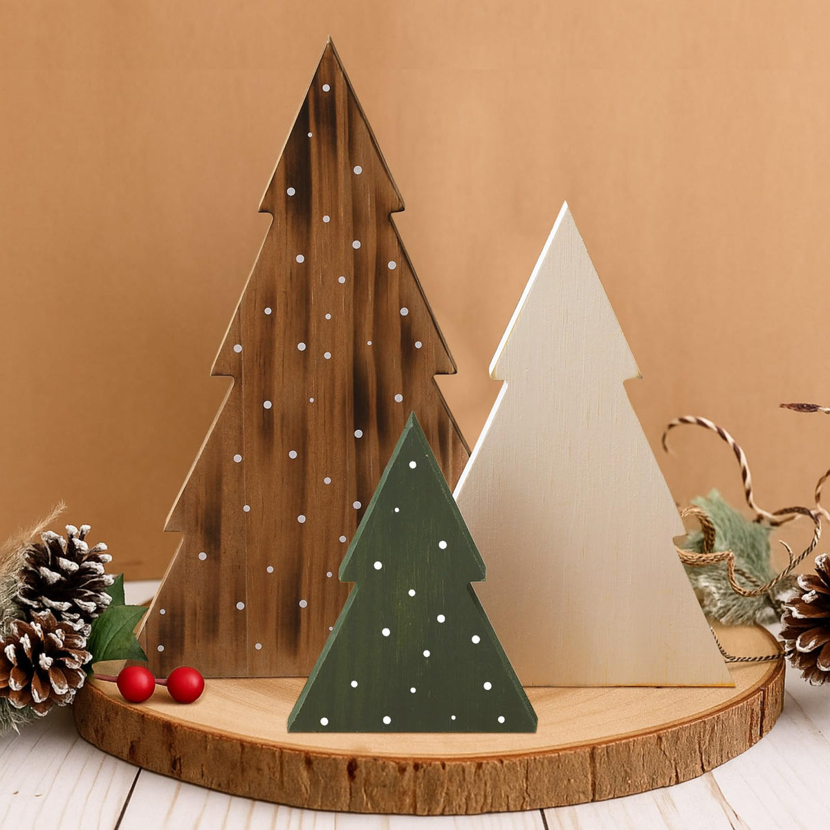 AceOrbit 3 Pcs Christmas Decorations Rustic Farmhouse Wood Christmas Trees Neutral Tabletop Tree Signs Decor Freestanding Xmas Wooden Decorations for Fireplace, Mantle, Shelf, Home, Office