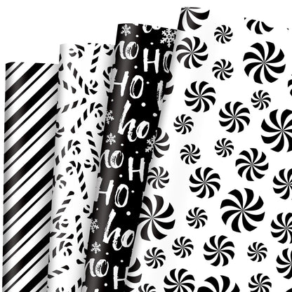 JarThenaAMCS 12 Sheets Christmas Wrapping Paper -Not Roll- Black White Gift Wrap Paper Candy Cane Stripe Folded Flat Craft Papers for Xmas Winter Party Packaging, 27.6 x 19.7 Inch