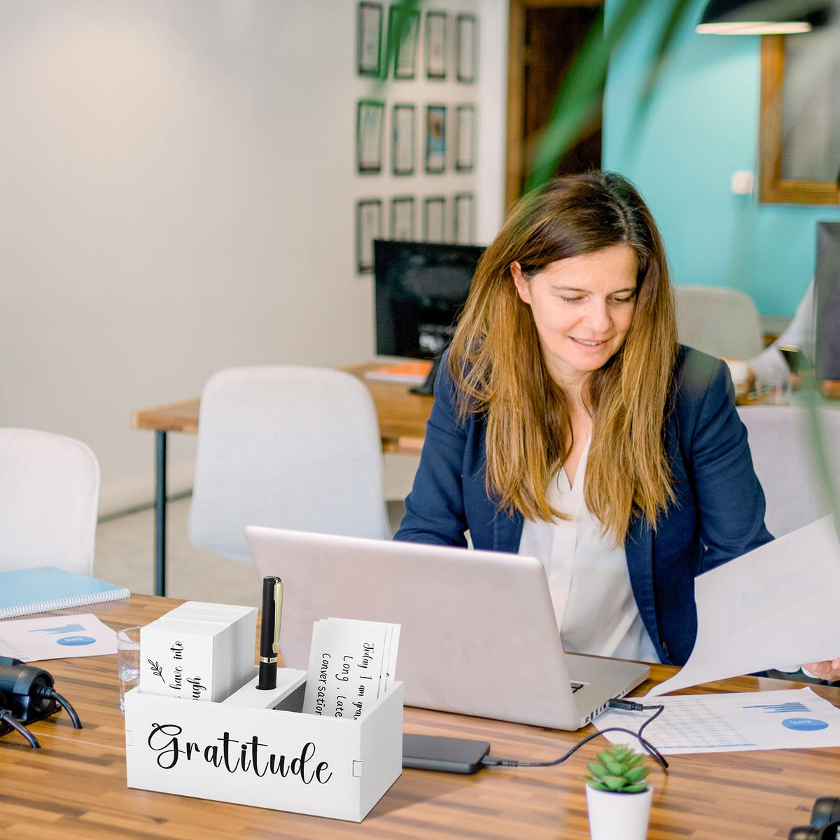 Clabby Gratitude Jar Include 200 Cards 1 Pen 1 Blessing Jar Wood Box Practice Thankful Appreciation Gratitude Note Cards Kit for Mother's Day Families Friends Employee Coworkers(White)