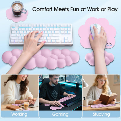 Retuhapy Cloud Wrist Rest Keyboard Cushion, 4-in-1 Ergonomic Cloud Keyboard Wrist Rest and Mouse Pad Set with Memory Foam Arm Support for Palm, Cute Desk Accessory for PC Gaming Setup, Pink