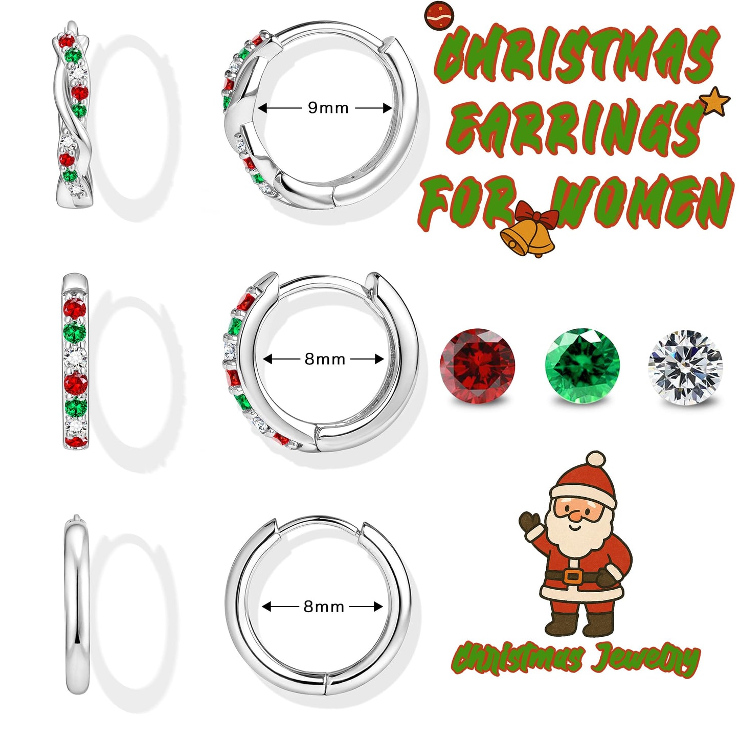 Inerney Sterling Silver Christmas Earrings Set for Women, Dainty Small Huggie Hoop Earrings Holiday Jewelry for Multiple Piercings, Trendy Twisted Cute Cartilage Hoops Winter Gift for Sensitive Ears