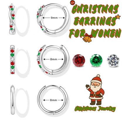 Inerney Sterling Silver Christmas Earrings Set for Women, Dainty Small Huggie Hoop Earrings Holiday Jewelry for Multiple Piercings, Trendy Twisted Cute Cartilage Hoops Winter Gift for Sensitive Ears