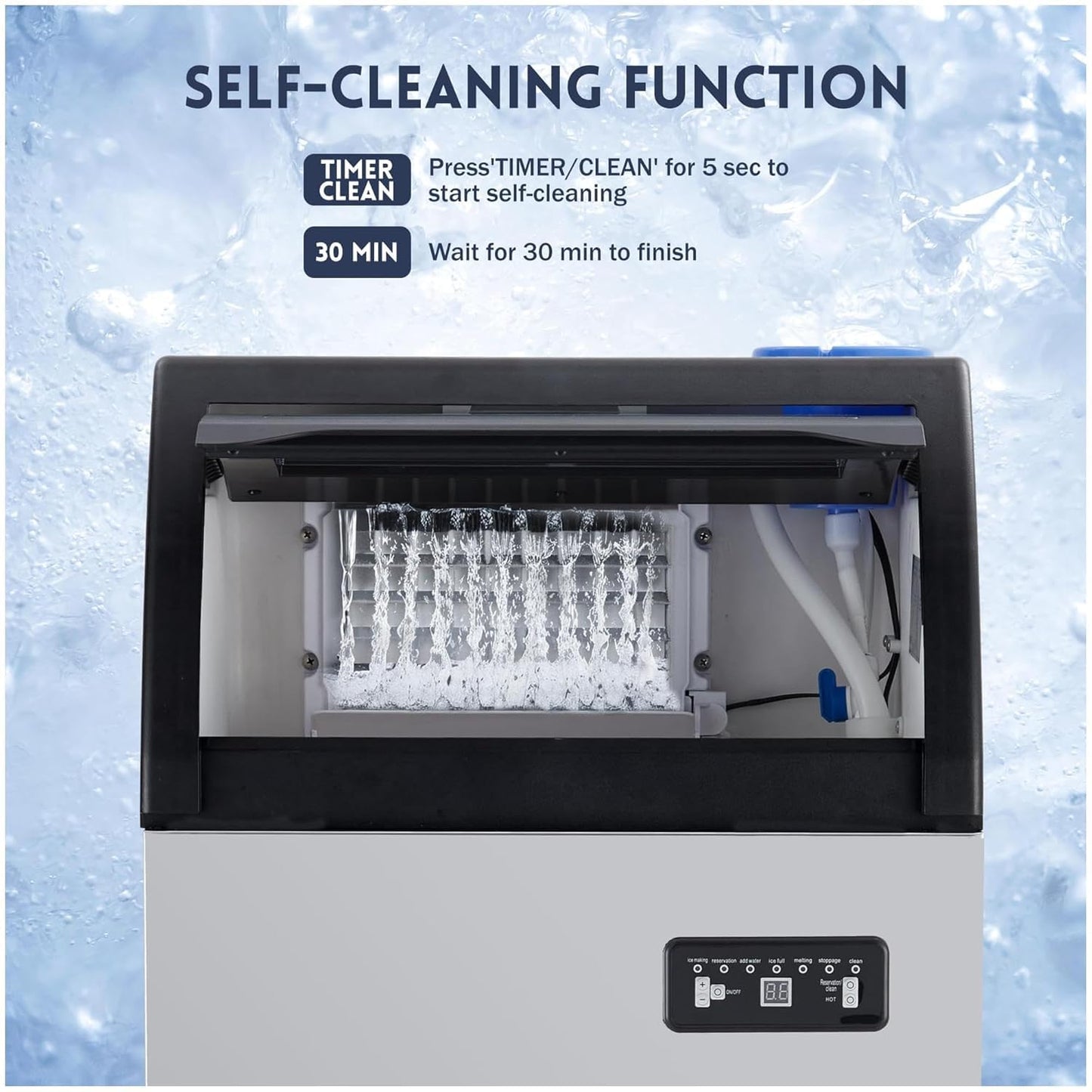 Commercial Ice Maker Machine with 120lbs/24H Production, 33lbs Ice Storage, Freestanding Stainless Steel Under Counter Design, Automatic Cleaning Function, for Home, Bar, Cafe, Restaurant
