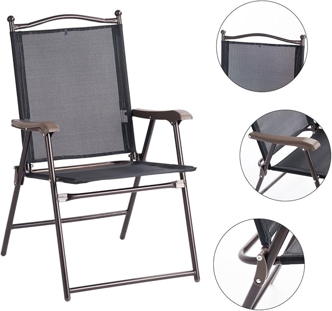 Giantex Set of 2 Patio Folding Chairs, Outdoor Patio Dining Chairs w/Armrest, Sling Back, Metal Frame, Outside Use for Lawn Camping Garden Pool Beach Yard Lounge, No Assembly, Black