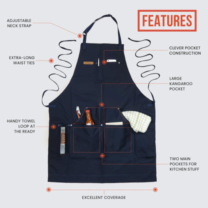 Chef Pomodoro Chef Apron for Men and Women, Kitchen Apron for Women with Pockets & Adjustable Neck Straps - Navy Blue Chef Aprons, Aprons for Cooking, 100% Cotton Cooking Aprons, Machine Washable