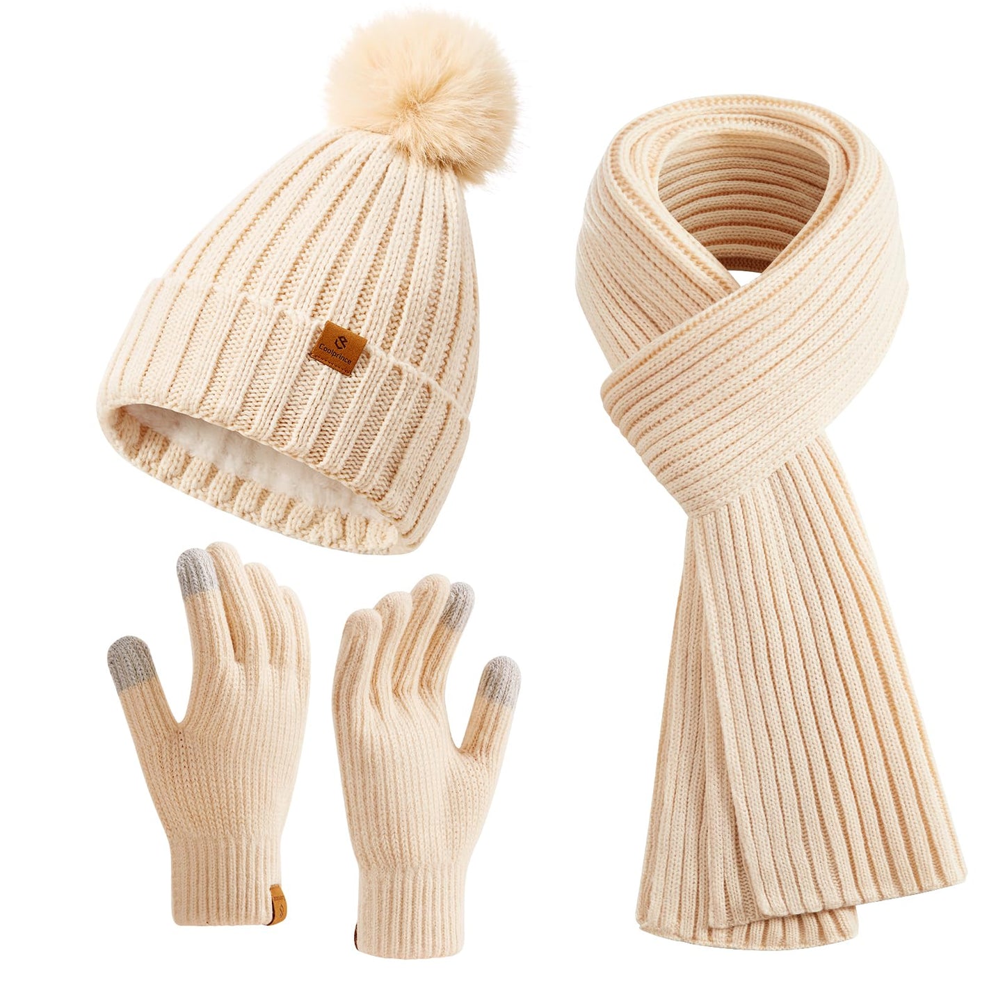 Coolprince Womens Long Scarf Gloves and Hat Set Cold Weather Hat Scarf Glove Set for Women Winter Beanie Hats with Pom Pom Apricot