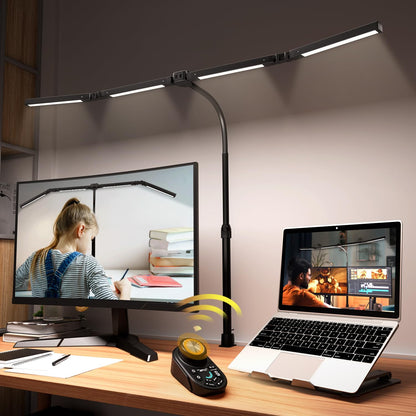 Adjustable LED Desk Lamp with Clamp, 4-Head Eye-Caring CRI95+ Desk Light, Stepless Dimming & Color Temp Remote Control, Flexible Neck, 5-Mode for Reading, Computer, Crafting, 90" Wide Desk Coverage