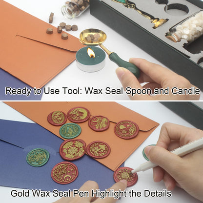 Letter Wax Seal Stamp Kit, Andotopee Wax Seal Kit Initial Alphabet W Sealing Wax Stamp Head 3pcs, Vintage Wax Stamp Seal Kit with Wax Seal Beads, Wax Seal Warmer Tools, Wax Seal Pen, Gift Box Set