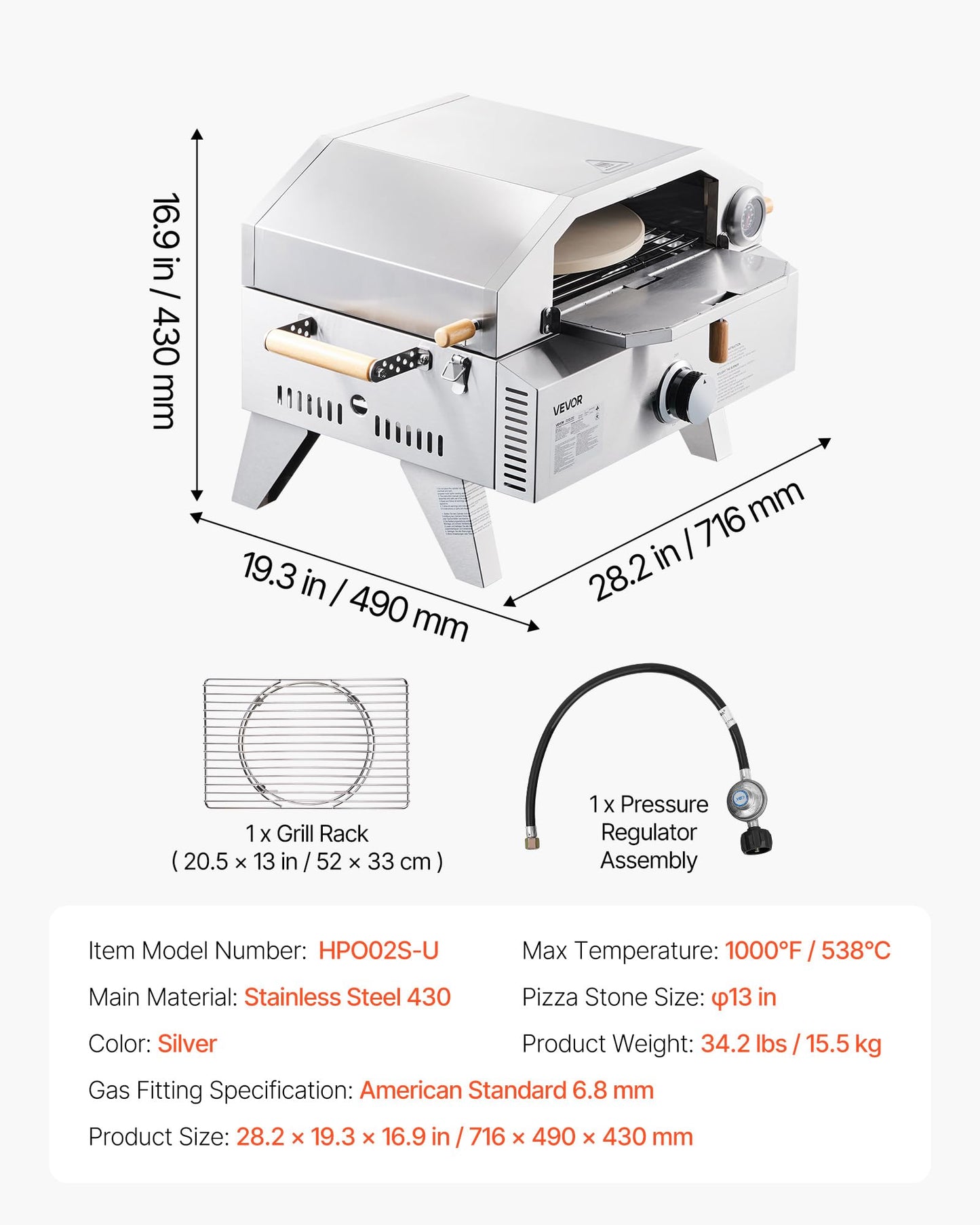 VEVOR 2 IN 1 Outdoor Pizza Oven, 13 in Propane Pizza Oven & Grill, 12,000 BTU Tabletop Propane Gas Oven with Pizza-Stone, Thermometer, Stainless Steel Portable Grill, for Camping & Backyard