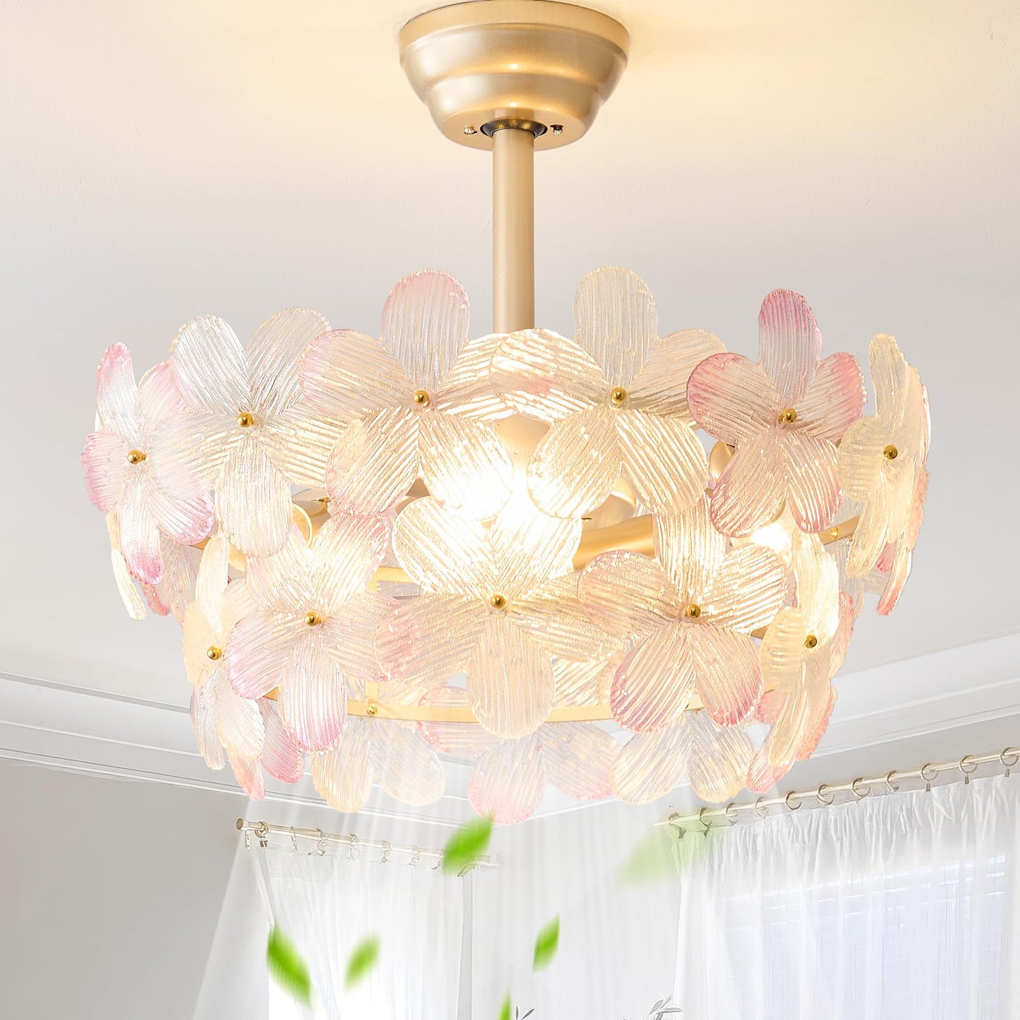 MizWacky Gold Crystal Fandelier Ceiling Fans with Lights, 20" Gold Flower Chandelier Ceiling Fan with Light Remote Control, Caged Mid Century with 6 Speeds for Bedroom, Nursery, Living Room (Pink)