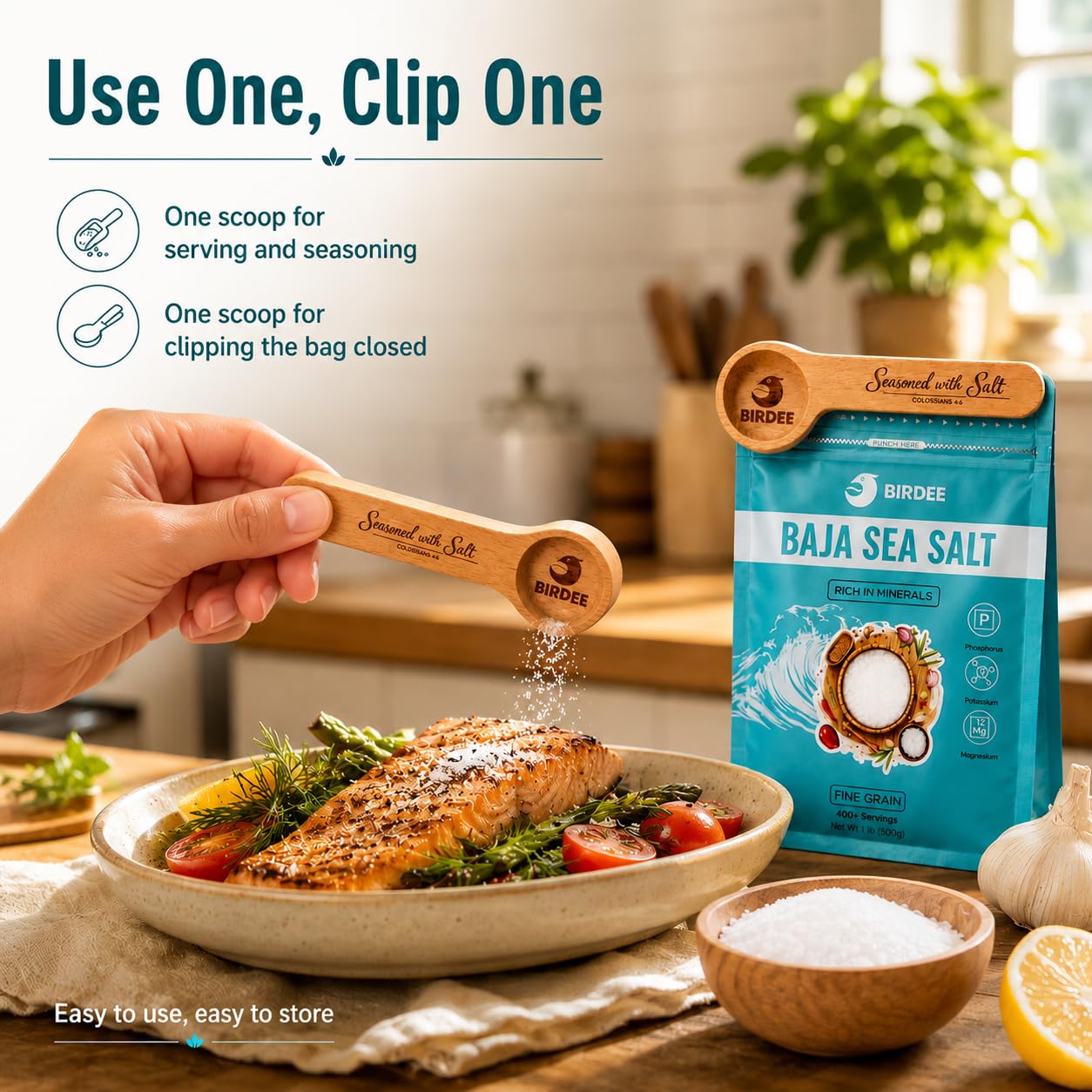 Birdee Salt Gift Set, Solar-Dried Mineral Rich Fine Grain Sea Salt from Vietnam, 17.6 oz (500g) Pouch with Engraved Hardwood Spoon Bag Sealer Clip, Seasoned with Salt Colossians 4:6