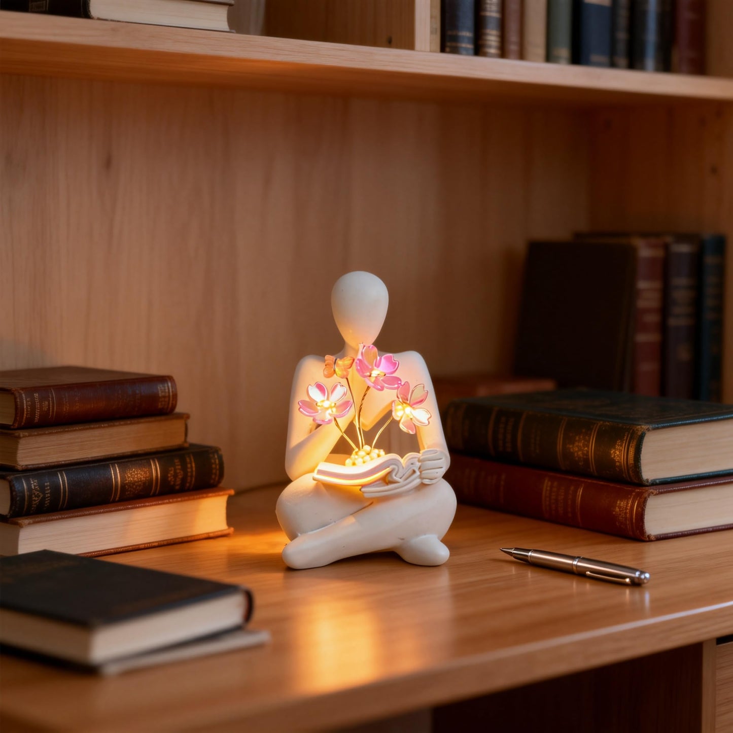 O-FarFarm Bookshelf Decor Thinker Statue with Blossom Lamp - Battery Powered Night Light & Modern Adornos para Sala, Reading Nook Lighting - Gift for Adults and Art Collectors