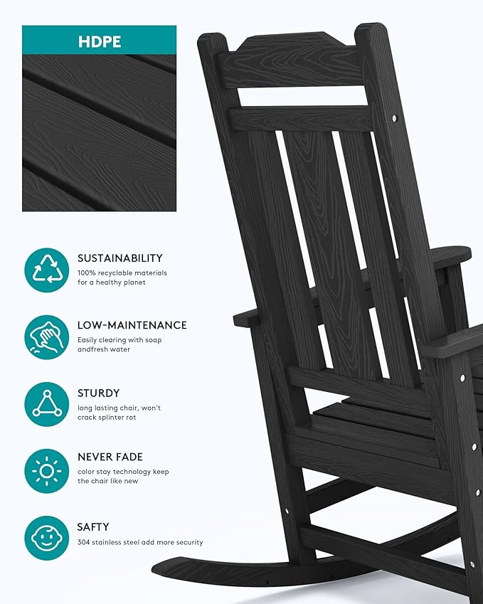 SERWALL Outdoor Rocking Chair Black Set of 8, All Weather Patio Rocking Chair, HDPE Poly Rocking Chair for Adults, Heavy Duty Front Porch Rocker