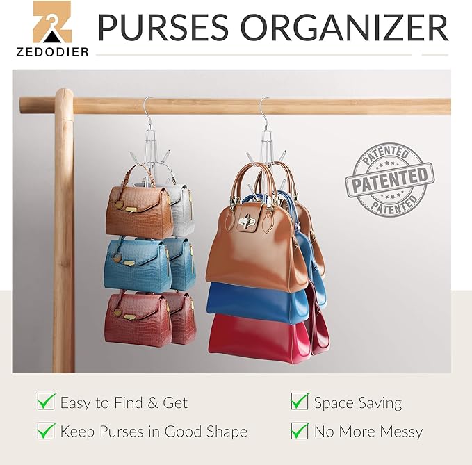 ZEDODIER Purse Organizer for Closet, 3 Pack Rotatable Sturdy Purse Hanger Bag