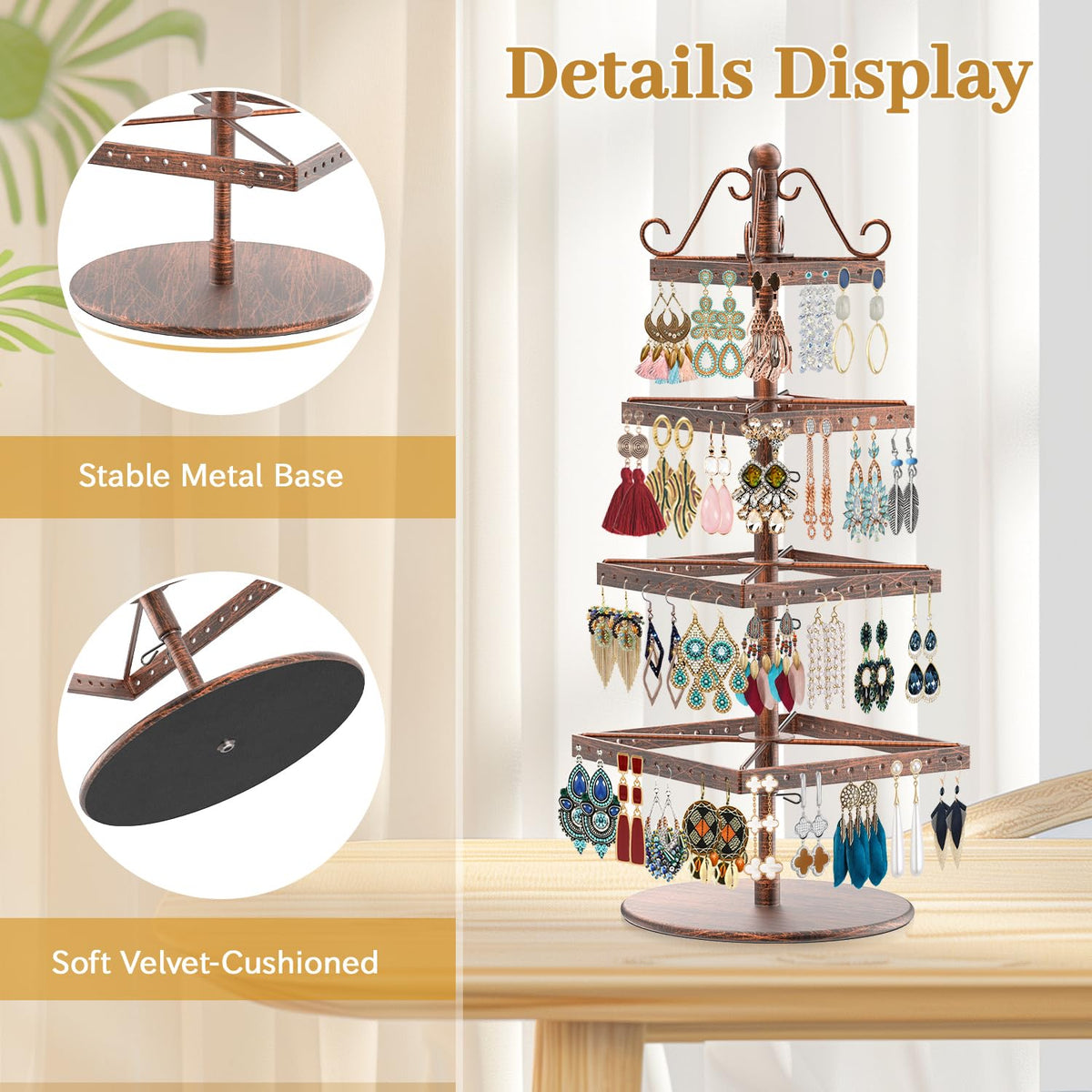 MODOWEY Rotating Earring Holder Organizer Stand, 4 Tier Adjustable Metal Display Tree, 176 Holes Earing Rack for Pierced Stud Dangle Hoop Storage, Space-Saving Jewelry Hanger Tower for Women, Bronze