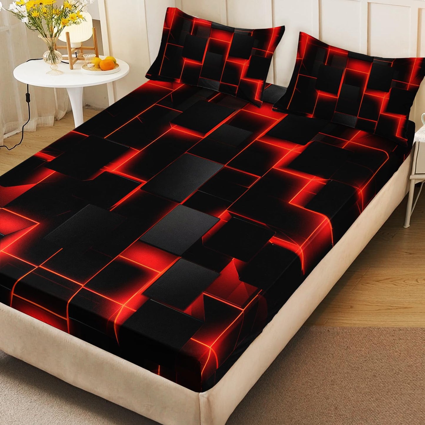HOSIMA Honeycomb Twin Bedding Sets for Boys,Red Black Geometric Pattern Fitted Sheet for Kids Teens Girls Room Decor,Lightweight Red Neon Lights Bedding Twin Size,1 Fitted Sheet+2 Pillowcases.