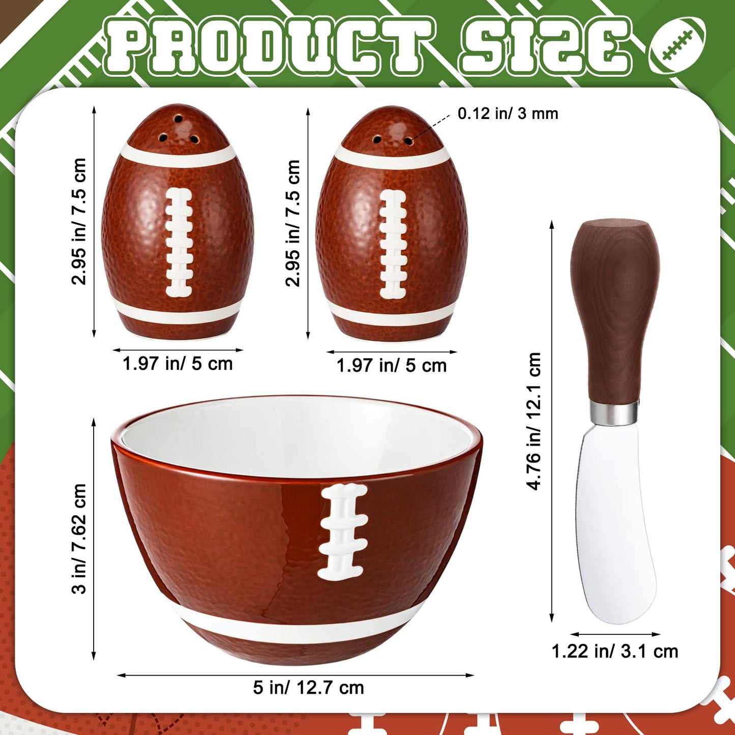 CimoroWin 4 Pcs Football Serving Set Ceramic Bowl Salt & Pepper Shakers And Stainless Steel Spreader for Football Fever Season Sport Lover Party Home Kitchen Dining Table Decoration