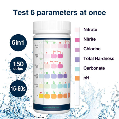 EASYTEST 6 in 1 Aquarium Test Strips, 150 Strip Pack Aquarium Water Test Kit for Freshwater, Fish Tank, Fish Pond, Accurate Testing Total Hardness, Carbonate Nitrate, Nitrite, Cl2, pH