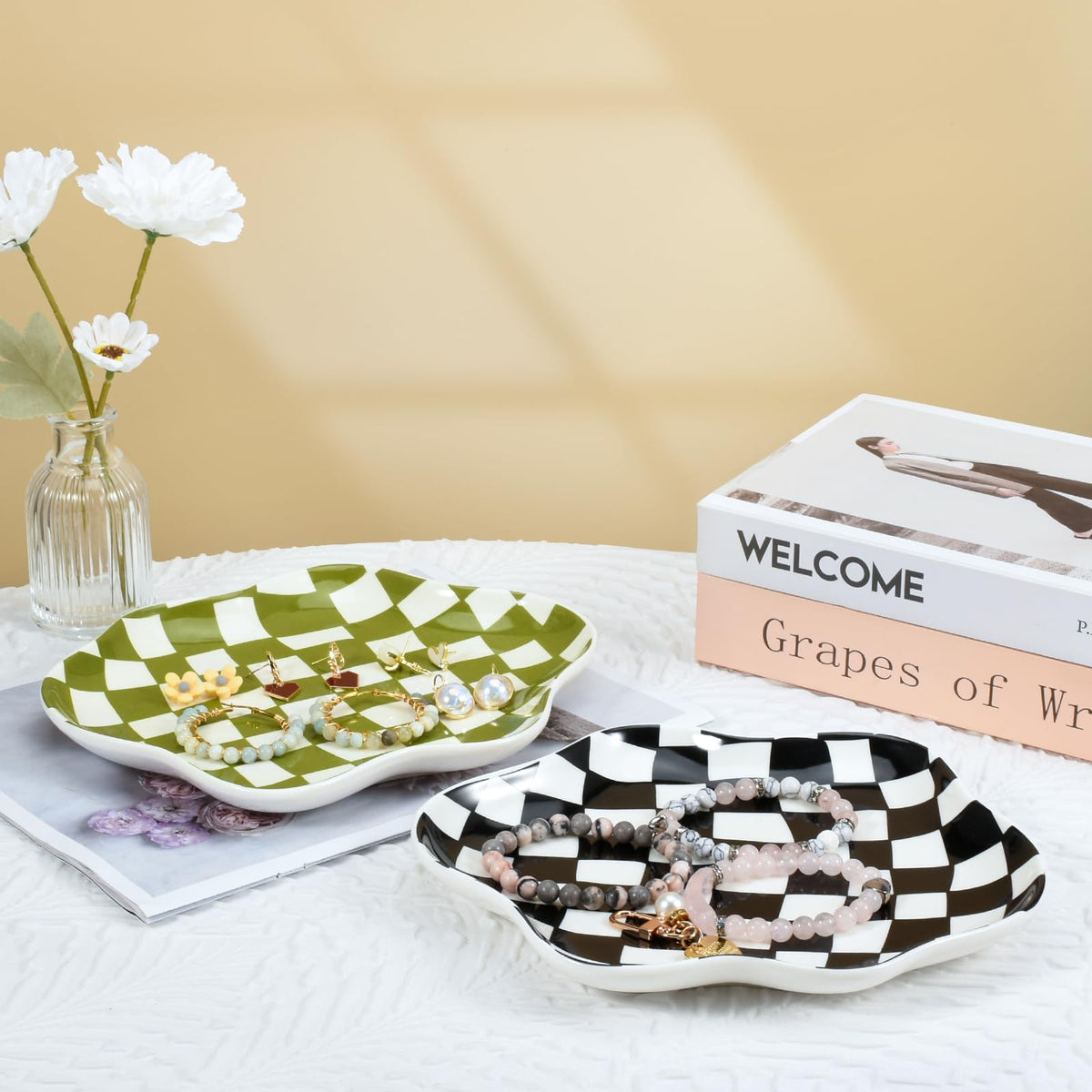 Koythin Jewelry Tray, Ceramic Jewelry Dish Trinket Tray Organizer, Checkered Pattern Aesthetic Decorative for Kitchen, Bathroom (Black and White Checkerboard)