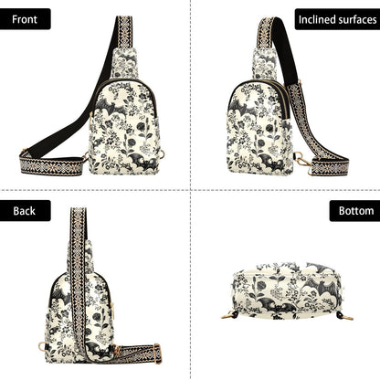 NCRJCZQL Goth Bat Flowers Crossbody Sling Bag for Women Leather Shoulder Chest Bag Small Fanny Pack for Hiking Travel
