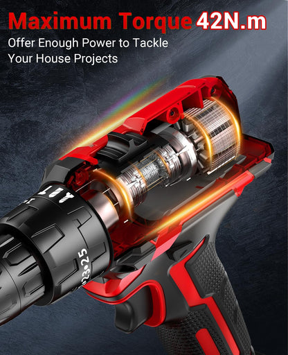 Power Drill Set 21V, Cordless Hammer Drill with 2 Batteries 2.0Ah,42N.m Max, 25+3 Torque, 2 Speed, LED Light, 20pcs Bits Electric Drills for Home