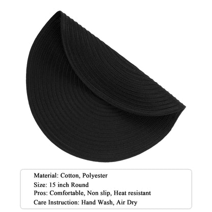 SHACOS Round Braided Placemats Set of 4 Heavy Cotton Polyester Washable Round Table Mats for Dining Tables 15 inch Non Slip Heat Resistant (Black, 4)