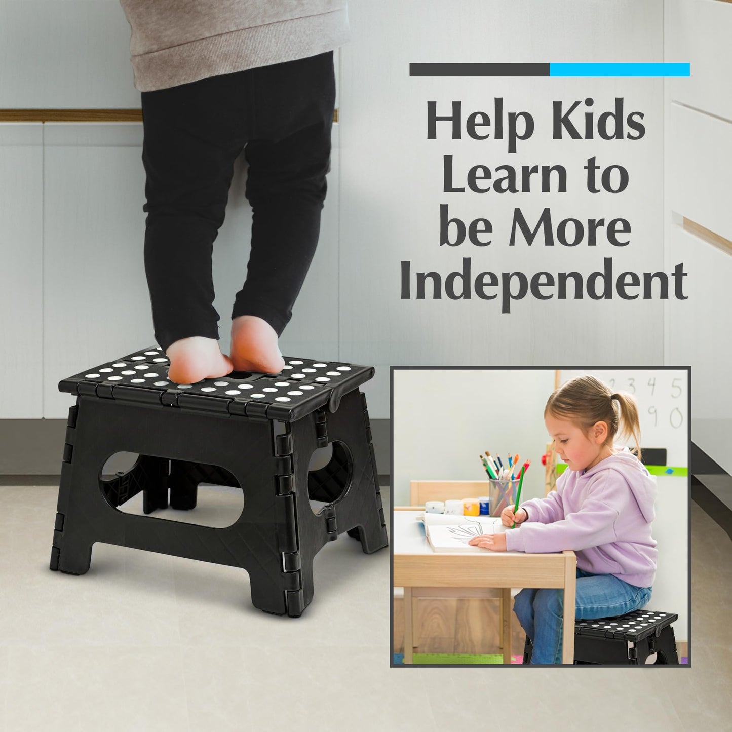Handy Laundry - Folding Step Stool is Sturdy Enough to Support Adults and Safe Enough for Kids. Opens Easy with One Flip. Great for Kitchen, Bathroom or Bedroom (Black)