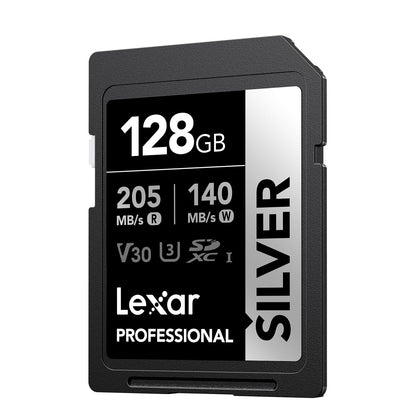 Lexar 128GB SD Card SILVER, Up to 205MB/s Read, 140MB/s Write, SDXC UHS-I Memory Card, Class 10, U3, V30, SD Card for Professional Photographers, Videographers, Enthusiasts