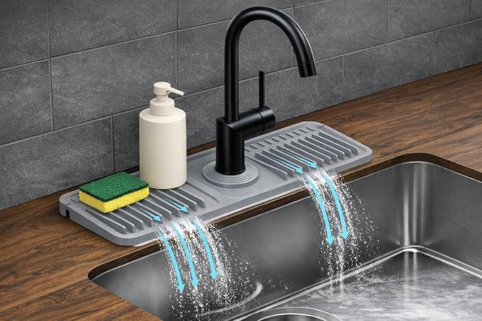 Silicone Faucet Mat for Kitchen Sink, Sink Splash Guard & Faucet Drip Tray