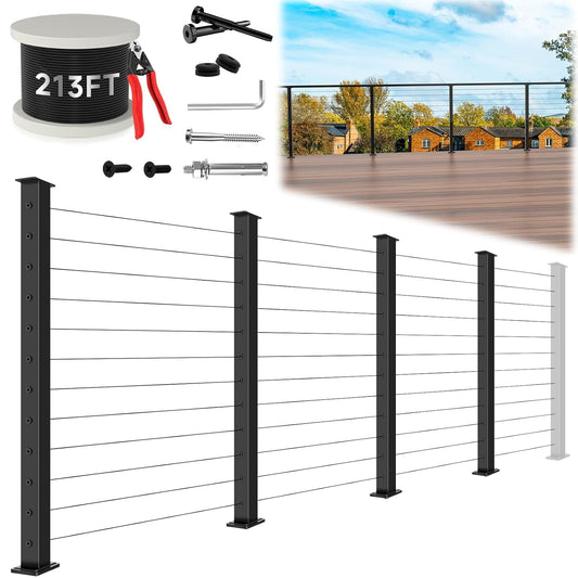 Zylorix 12ft-16ft Modular Cable Railing Post Kit 42" T304 Stainless Steel 4 Level Post Kit, Surface Mount Black Cable Railing System for Decks Length Adjustable Easy DIY, 213ft 1/8" Wire(No Handrail)