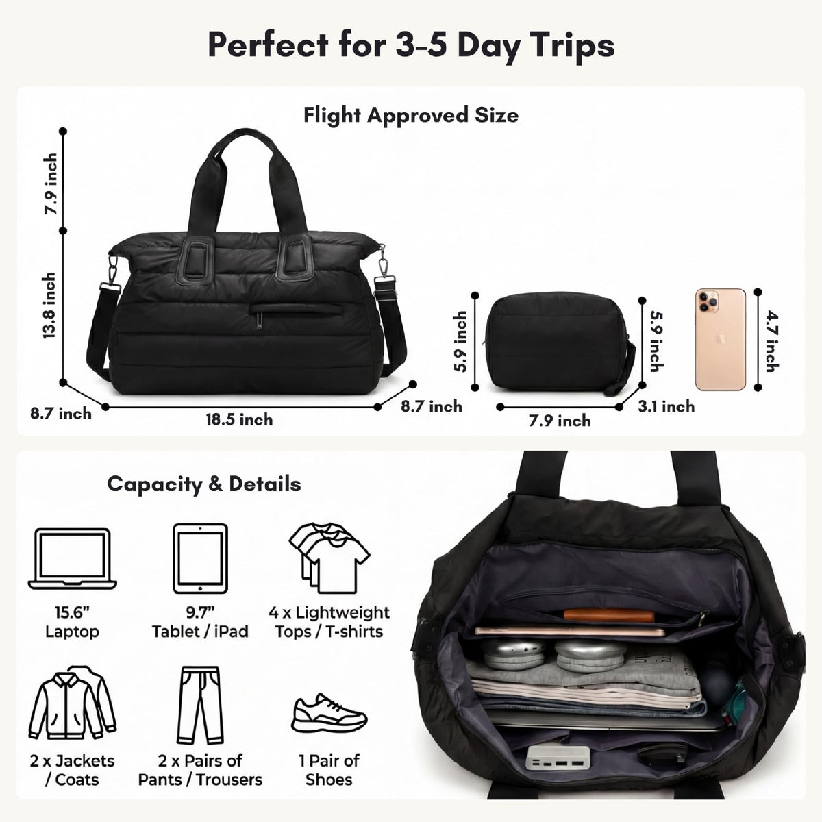 Puffer Weekender Bag for Women, Quilted Duffle Bag with Pouch, Water-Resistant Gym Bag, Large Tote Travel Bag for Hospital Nurse Diaper Bag, Lightweight Carry on Bag, Black