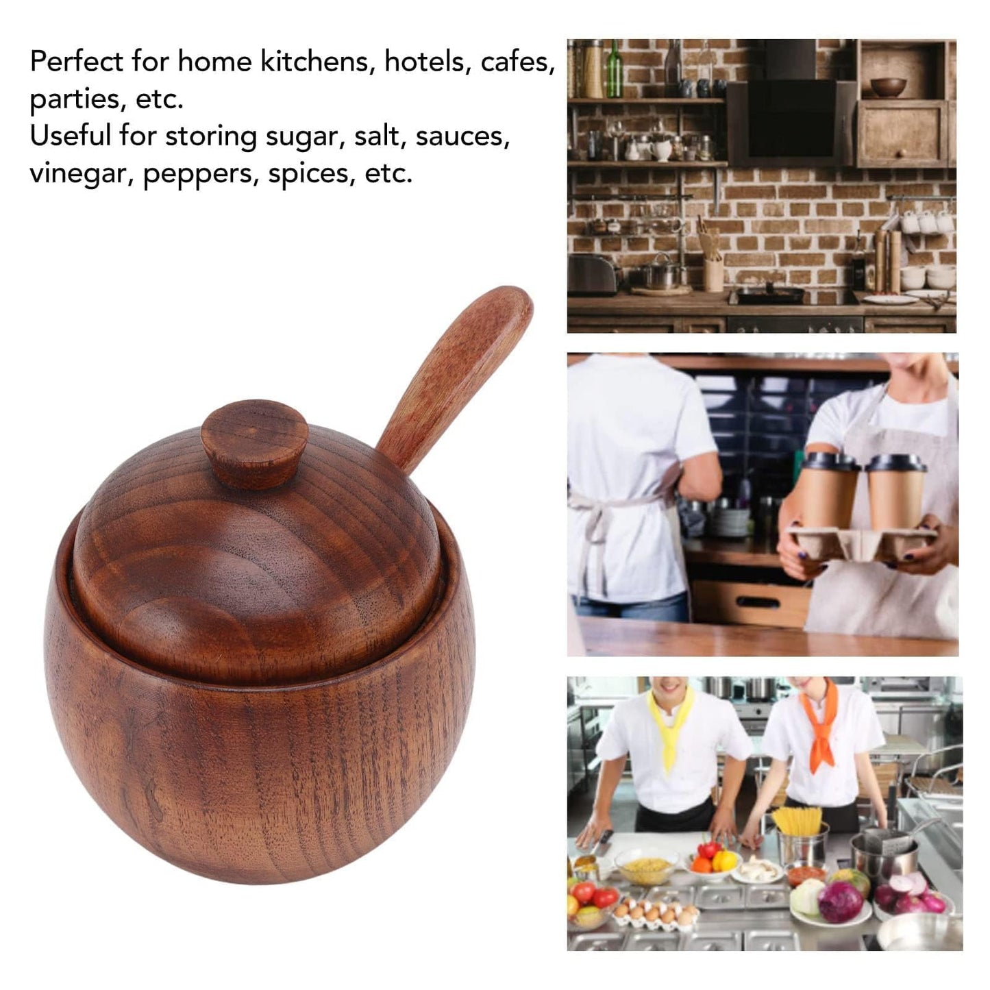 Wooden Salt Box with Lid Spoon, Sugar Bowl Seasoning Container Holder Salt Spice Jar Box Salt Keeper, Pepper, Tea Container for Kitchen Countertop Restaurant