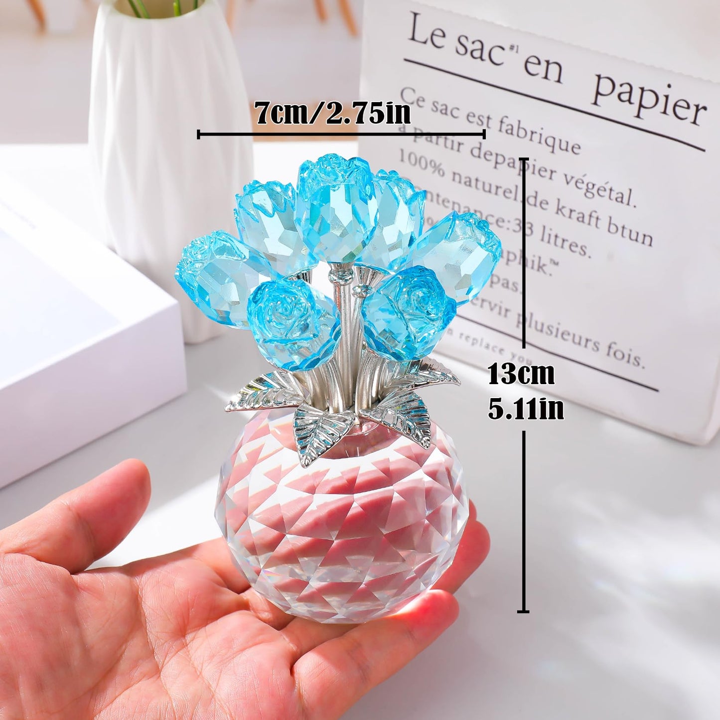 Arikyrist Crystal Lake Blue Rose Bouquet Figurine with Round Vase Gifts for Her, Glass Rose Flower Romantic Keepsakes for Women Mom on Christmas, Collectible Decoration Table Centerpiece for Home
