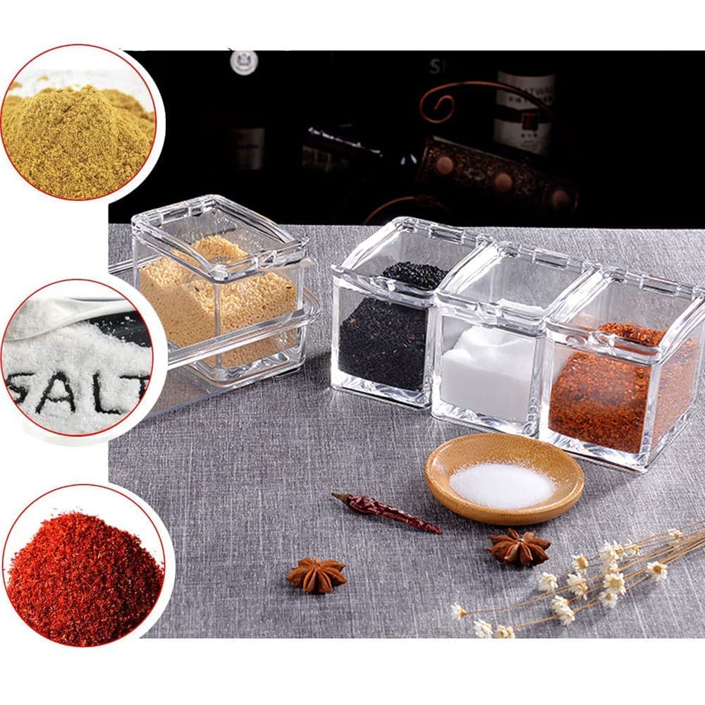 CLUQMEIK Clear Seasoning Box,4 Spice Jars Condiment Containers with Lids and 4Pcs Spoons 1Pcs Tray Seasoning Organizer for Salt, Sugar,Cardamon, Cinnamon,Cloves,Mustard,Nutmeg,Pepper and Tumeric