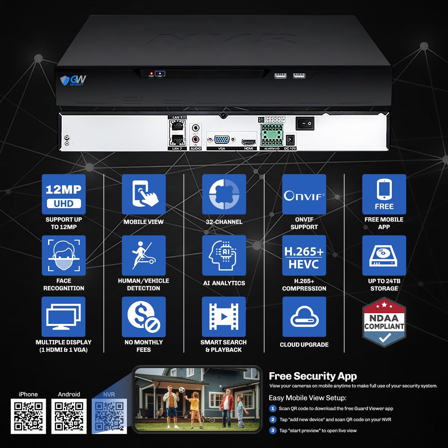 GW Security 32 Channel 12MP NVR UltraHD License Plate/Face Recognition NDAA & TAA Compliant Security Camera System with 32 x 5MP Outdoor & Indoor Color Night Vision Two-Way Audio PoE Turret Cameras