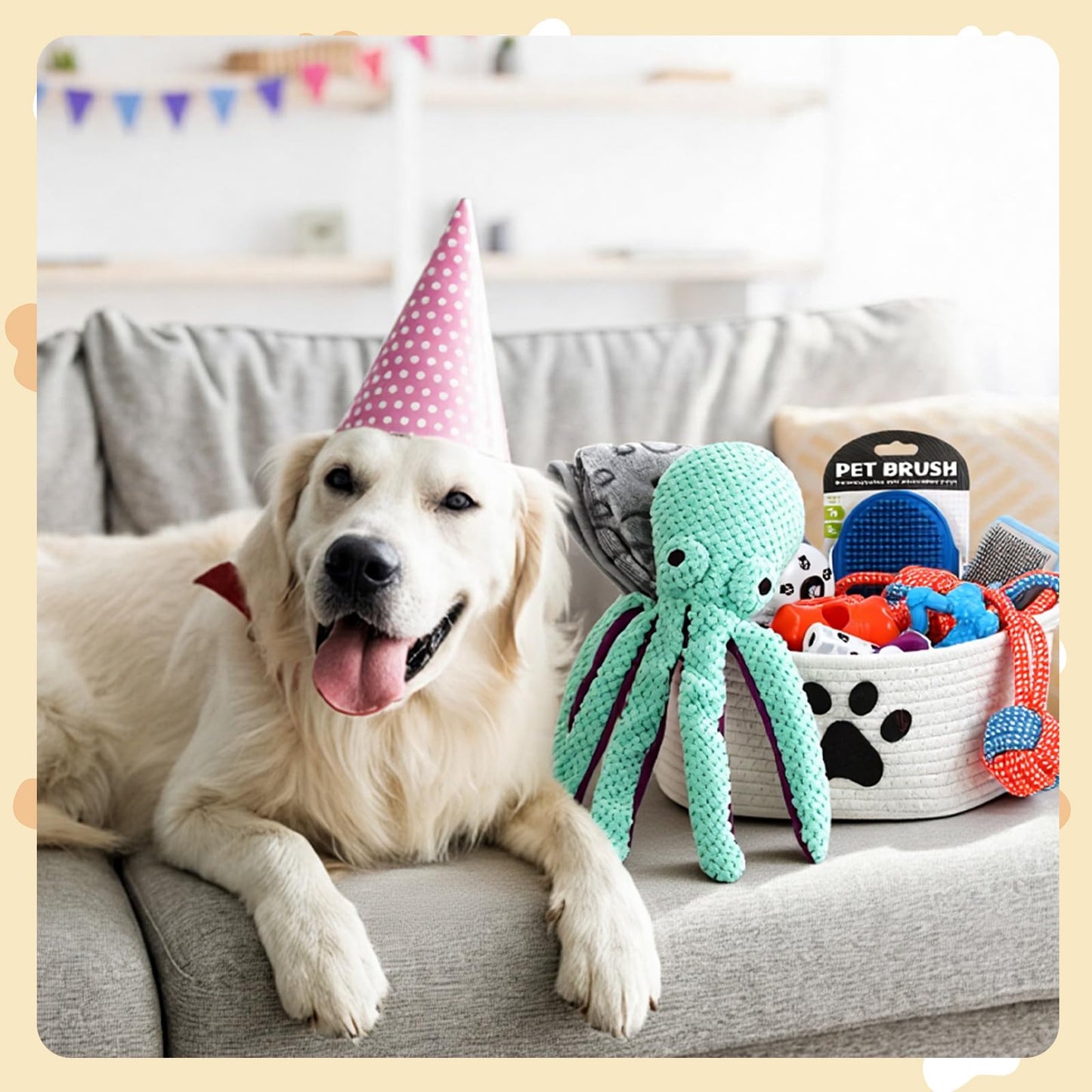 Zopeal 17 Pcs Mother‘s Day Puppy Gift Set, Dog Toy & Essentials Bundle with Chew Toys, Poop Bag Dispenser, Grooming Brush, Training Bell, Blanket & Rope Basket