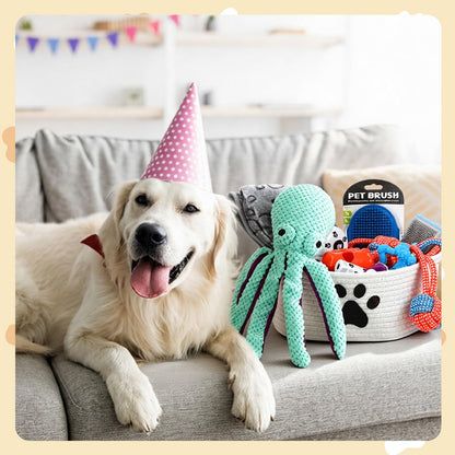 Zopeal 17 Pcs Mother‘s Day Puppy Gift Set, Dog Toy & Essentials Bundle with Chew Toys, Poop Bag Dispenser, Grooming Brush, Training Bell, Blanket & Rope Basket